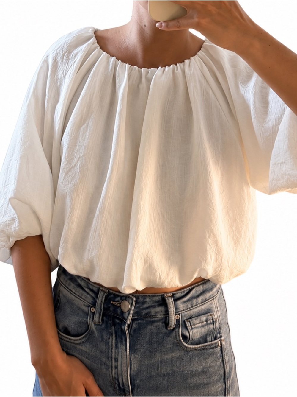 White Peasant Blouse - Casual Gathered Neck Top